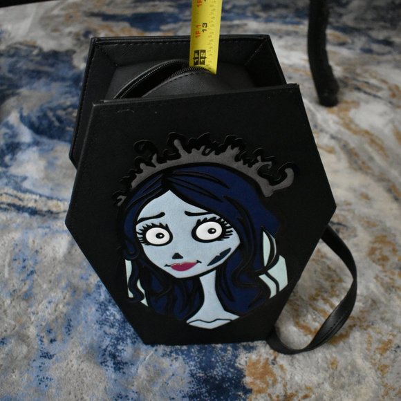 new Corpse Bride Emily LARGE 3D HOLOGRAPHIC Leather Large Coffin BAG Backpack - Picture 12 of 13